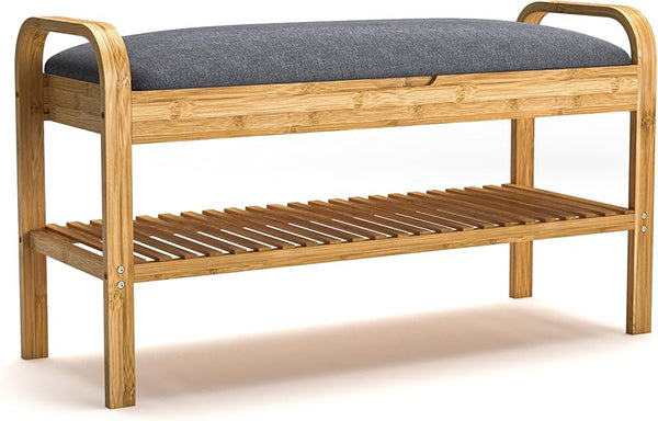 English Elm Contemporary Entryway Bench with Open Shoe Storage, Fabric Seat & Coat Rack Compact Space Saver Gray,Natural 9 L x 36 W x 16 H B2741P345162