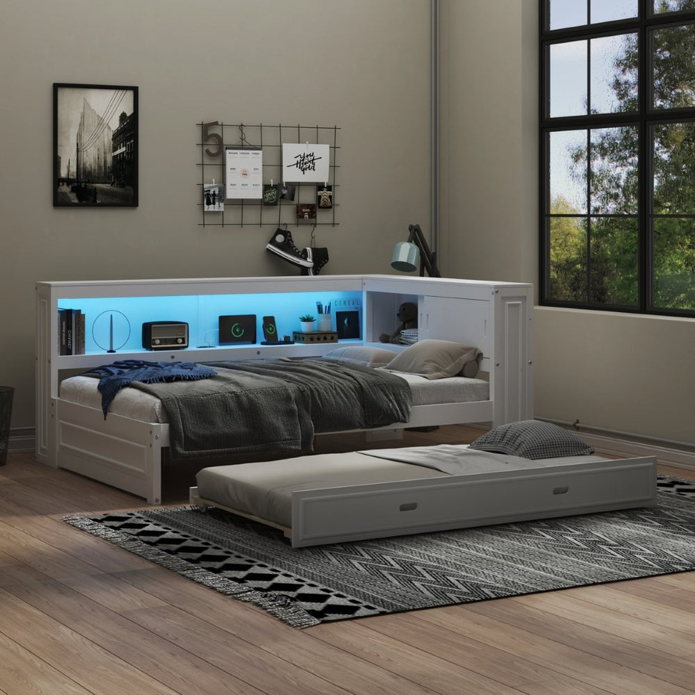 English Elm Full Pine Daybed with Trundle Sliding Storage Shelves Led Lighting and Usb Charging White GX004003AAK