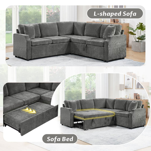 English Elm Sectional Sofa Bed - Versatile L-Shaped Chenille Sofa With Sleeper, Hidden Storage & Pillows, Gray N719S002070E-GIGA