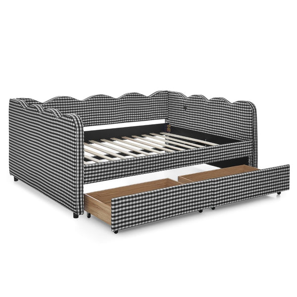 English Elm Full Size Gingham Linen Daybed with Wave Backrest Trundle and Usb Charging Port Black W1413S00154