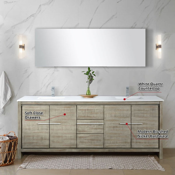 English Elm Rustic Acacia Double Bath Vanity With White Quartz Top & Chrome Faucet, Includes 70 In. Mirror B2731S01692-GIGA