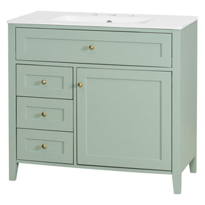 English Elm 36-Inch Green Bathroom Vanity With Sink - Modern Mdf & Rubberwood Freestanding Storage Solution N725P350821F