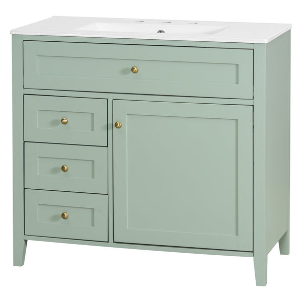 English Elm 36-Inch Green Bathroom Vanity With Sink - Modern Mdf & Rubberwood Freestanding Storage Solution N725P350821F