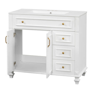 English Elm 36" Modern Bathroom Vanity with Ceramic Sink, Gold Handles, Flip-Out Drawer & Soft-Close Doors White N725P283623K