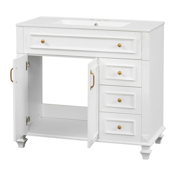 English Elm 36" Modern Bathroom Vanity with Ceramic Sink, Gold Handles, Flip-Out Drawer & Soft-Close Doors White N725P283623K