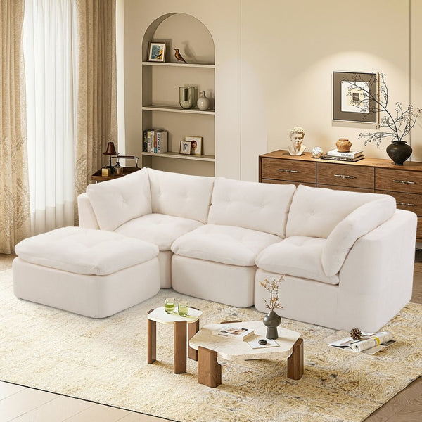 English Elm Modern Chenille Cloud Sectional with Ottoman Deep Sink Modular L Shaped Living Room Sofa Beige+White W2379S00001