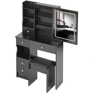 English Elm 29.2" Compact Vanity Table Set With Led Mirror, Touch Control, Cushioned Stool & Ample Storage Solutions W3258P299612