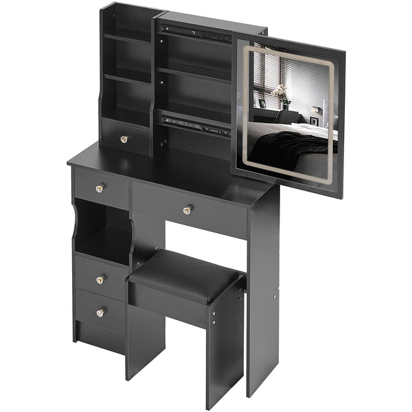 English Elm 29.2" Compact Vanity Table Set With Led Mirror, Touch Control, Cushioned Stool & Ample Storage Solutions W3258P299612
