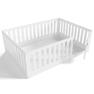 English Elm Twin Solid Pine Montessori Floor Bed with House Frame Door and Safety Fence Light White W5305P420635