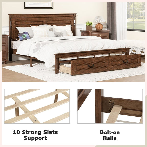 English Elm King Pine Wood Storage Bed with Led Lighting Usb Charging Tall Panel Headboard Walnut W504S00270