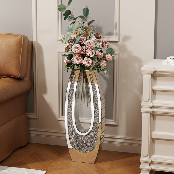English Elm 24.01"u-shaped Mosaic Mirror Floor Vase Crushed Acrylic Faceted Glass Glam Entryway Accent W3836P379820