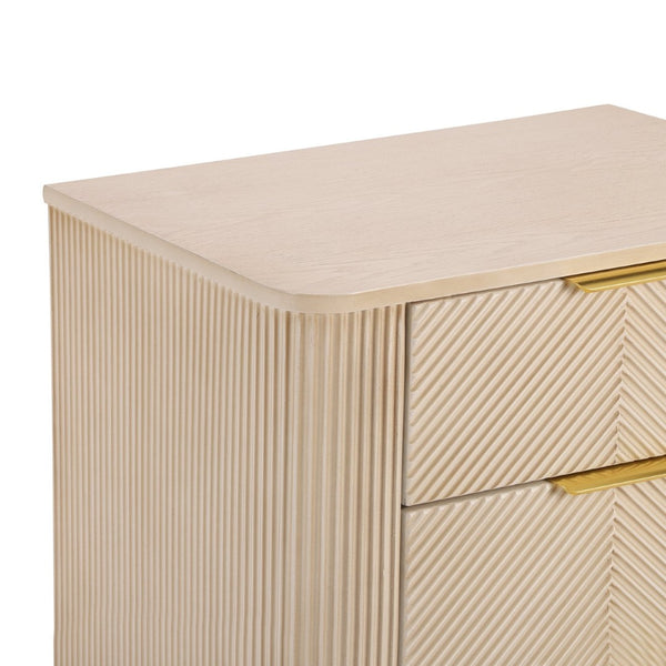 English Elm Mid-century Fluted 3 Drawer Nightstand with Gourd Legs and Gold Tone Handles for Bedroom Champagne N761P285712E