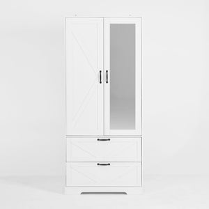 English Elm 2 Door White Wardrobe Closet with Mirror Hanging Rod Drawers and Auto Interior Light W409P167477