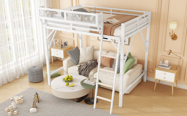 English Elm Queen Size Metal Loft Bed with Ladder and Built-In Storage Shelves, Sturdy High Bed for Teens 99" White W2580P379980