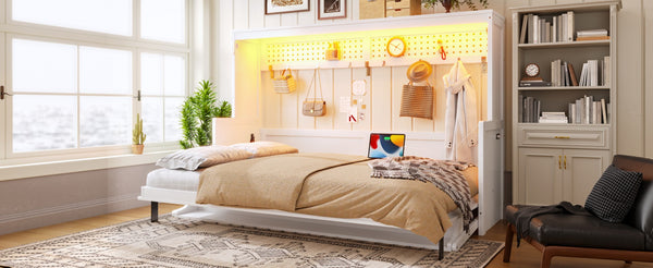 English Elm Full Murphy Bed with Fold Down Desk Led Lighting and Usb Port for Studio Spaces White W1580S00454