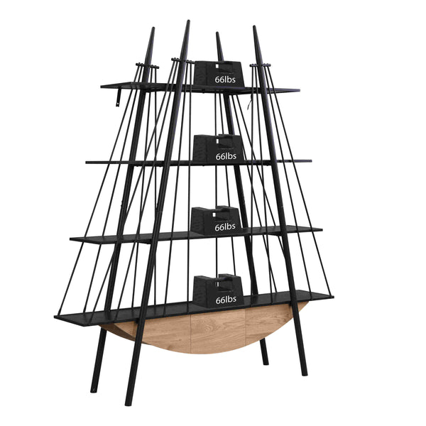 English Elm Sailboat-Inspired Industrial 4-Tier Bookshelf with Drawer — Nautical MDF & Metal Display Rack for Home Decor Black W2317P253500