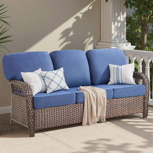 English Elm 75.2" Outdoor Pe Wicker Patio Sofa with T-back Cushions and Rust-resistant Steel Frame T3773P418416