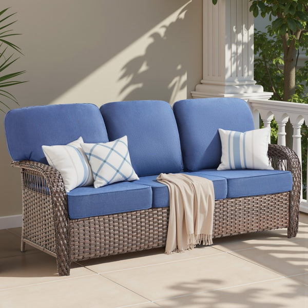 English Elm 75.2" Outdoor Pe Wicker Patio Sofa with T-back Cushions and Rust-resistant Steel Frame T3773P418416