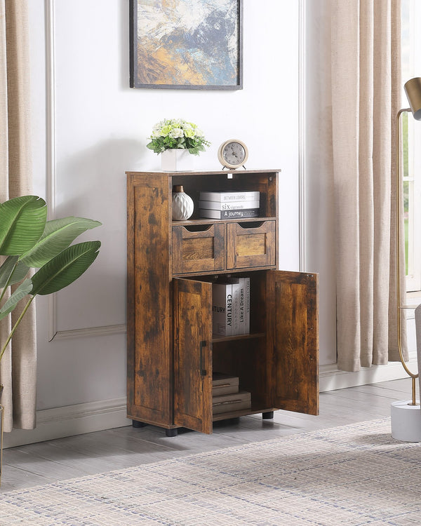English Elm Tall Rustic Brown Storage Cabinet with 2 Large Drawers, Adjustable Shelf, Versatile Organizing for Home Offices, Kitchens, Bathrooms Durable Finish and Smooth-Glide Drawers W3151P345972