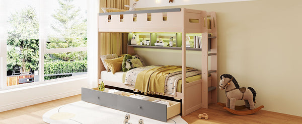 English Elm Twin Castle Bunk Bed with Led Lighting Built-in Shelf and Storage Drawers for Kids Gray LT000158AAE