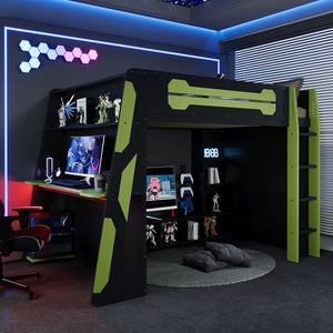 English Elm Full Size Wood Loft Bed with Rgb Lighting Desk Storage and Gaming Console Shelf Green LT000260AAG