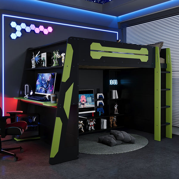 English Elm Full Size Wood Loft Bed with Rgb Lighting Desk Storage and Gaming Console Shelf Green LT000260AAG