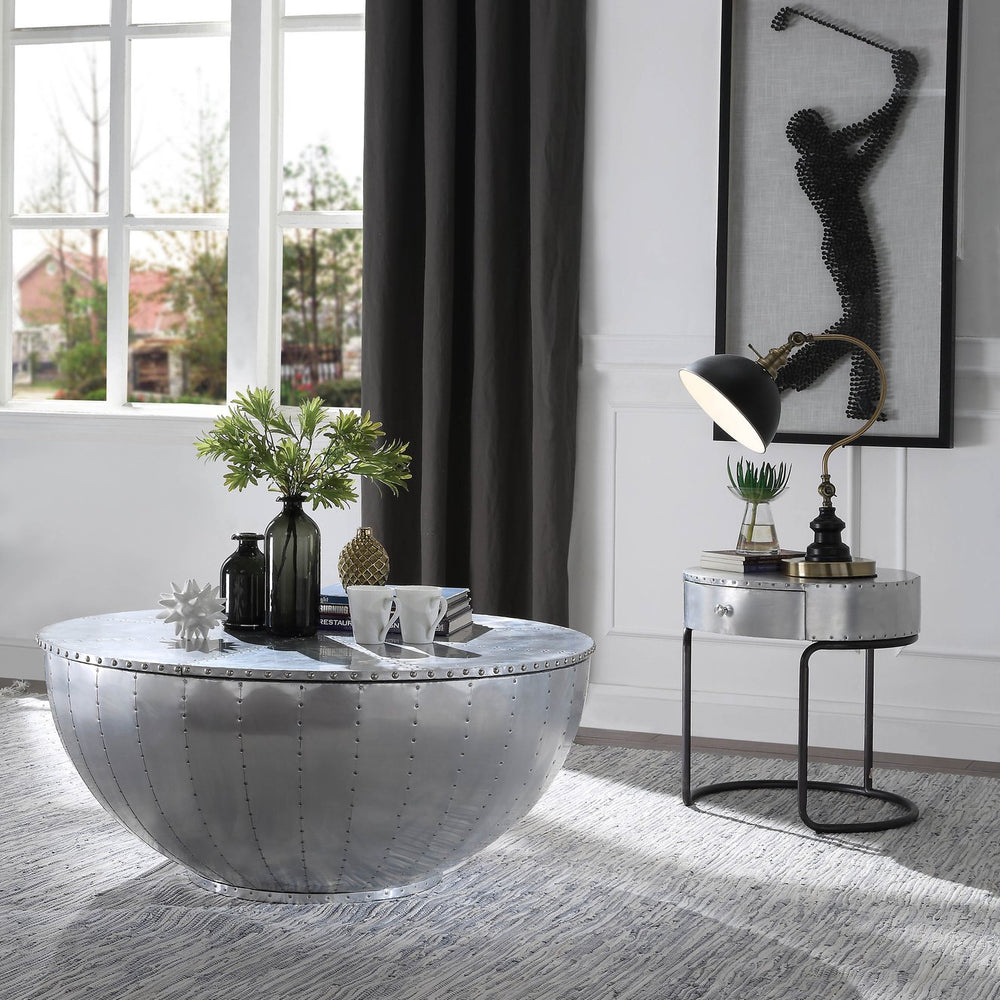 English Elm Aluminum Drum End Table with Patchwork Top and Drawer, Black Iron Frame, Modern Industrial Charm B062P189153