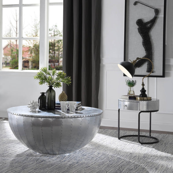 English Elm Aluminum Drum End Table with Patchwork Top and Drawer, Black Iron Frame, Modern Industrial Charm B062P189153