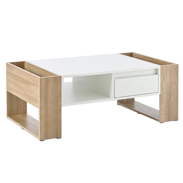 English Elm ON-TREND High Gloss Coffee Table with 2 Drawers, Hidden Compartment, Open Shelf, Modern Luxury Finish White+Natural N721P205792K