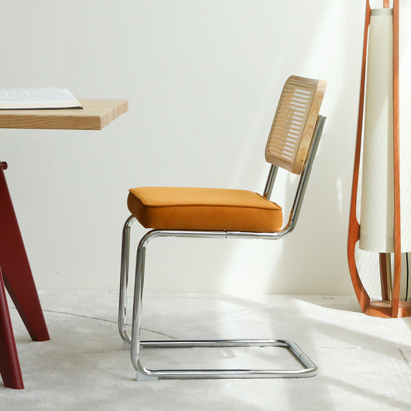 English Elm Dining Velvet Rattan Cantilever Chairs Set of 2 - Mid-Century Chrome Legs, Breathable Upholstered Orange W2105P263404