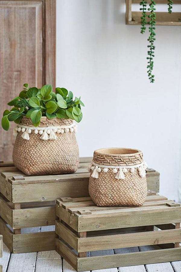 English Elm Set Of 2 Stylish 6.5" Brown Cement Planters With Woven Tassels - Perfect For Small Plants & Decor! W2078P326608-GIGA