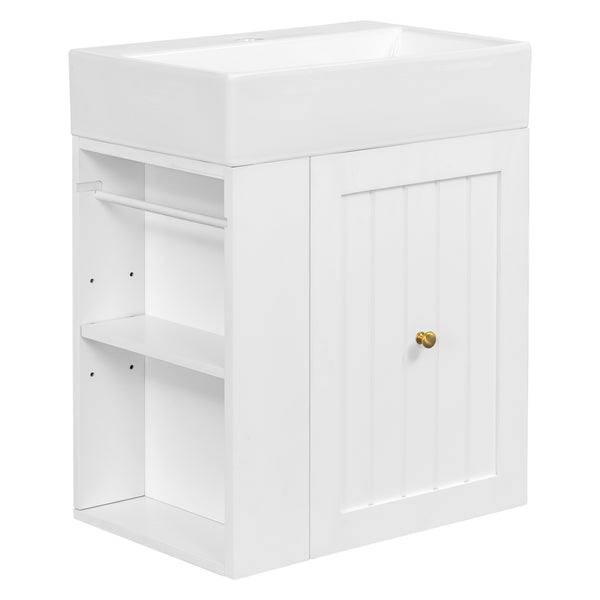 English Elm 20-Inch Compact Bathroom Vanity with Ceramic Sink, Wall-Mounted MDF Cabinet, Modern Space-Saver Design White N725P314023K