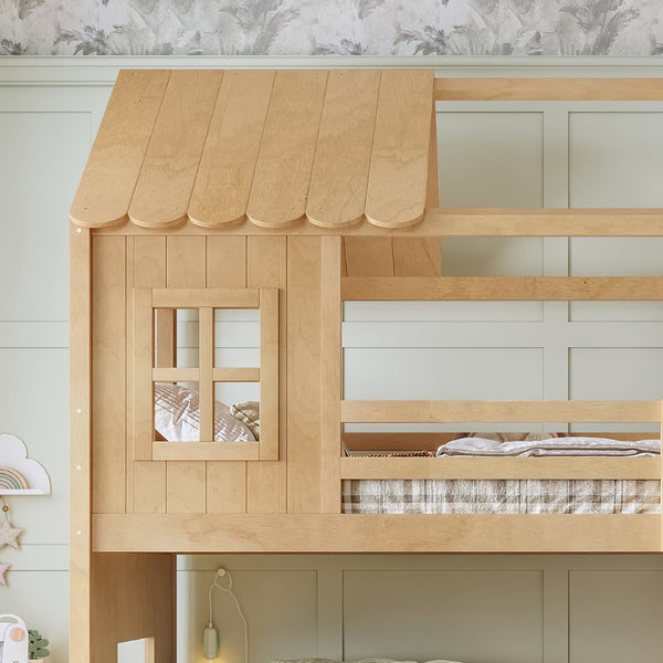 English Elm Twin Over Full Playhouse Bunk Bed with Slide Ladder Storage Shelves and Wardrobe W5305S00040