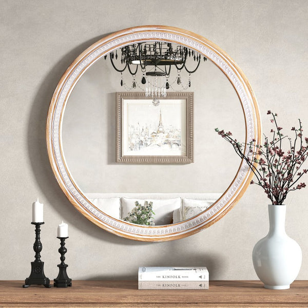 English Elm 30" Solid Wood Round Farmhouse Mirror Rustic Boho Accent for Bathroom or Entryway W2263P446640