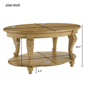 English Elm 42'' Oval Two-tier Wood Cocktail Table with Carved Floral Detail and Open Shelf W1202P318405