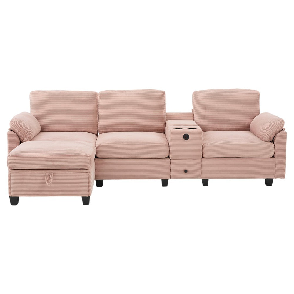 English Elm United L-Type Corduroy Sofa: 4-Seater With Usb Ports, Movable Console, Storage Ottoman & Cup Holders W1568S00221-GIGA