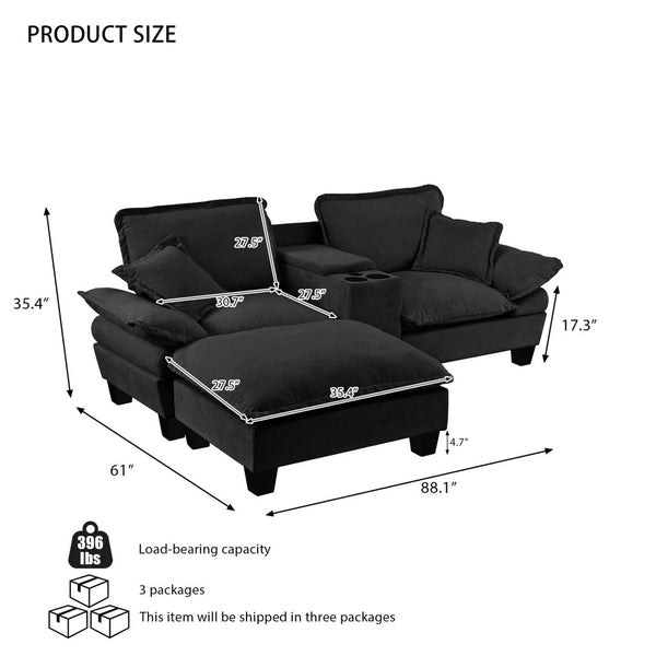 English Elm Modular Cloud Sofa Chenille L-shape with Storage Cup Holders and Usb for Living Room Black W3163S00109