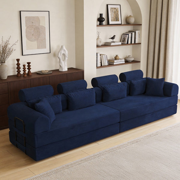 English Elm L Shaped Corduroy Sectional Sofa Converts to Sleeper Bed Space Saving Modular Couch Blue W5532S00008