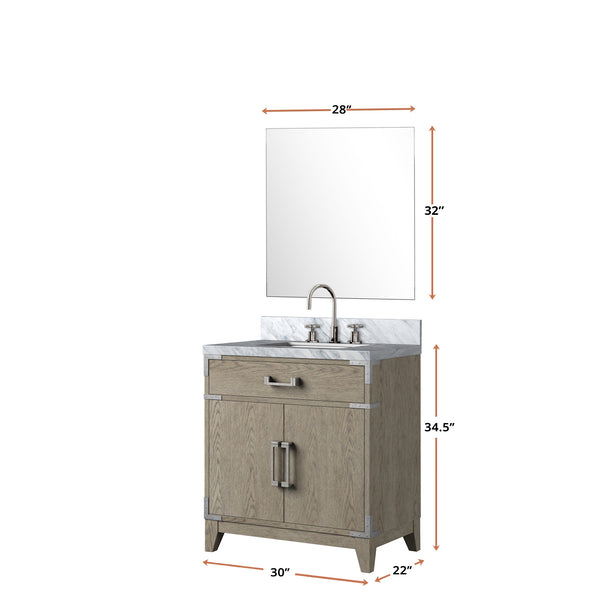 English Elm Grey Oak 30" Single Bath Vanity Set With Carrara Marble Top, 28" Mirror & Chrome Faucet Included B2731S02005