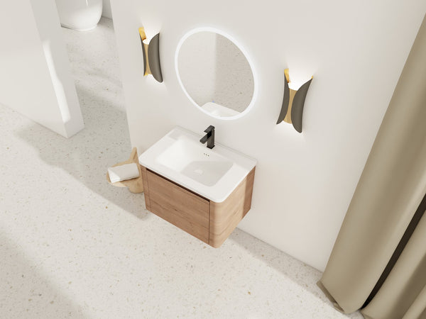 English Elm 28'' Wall-Mounted Bathroom Vanity with Ceramic Sink, Soft-Close Door, Plywood Durability & Space-Saving Design Imitative Oak W999P317929