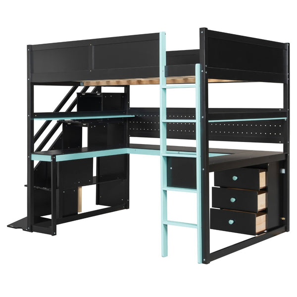 English Elm Full Size Gaming Loft Bed with Led Lighting Desk Shelves and Usb Charging Ports N820S00071C