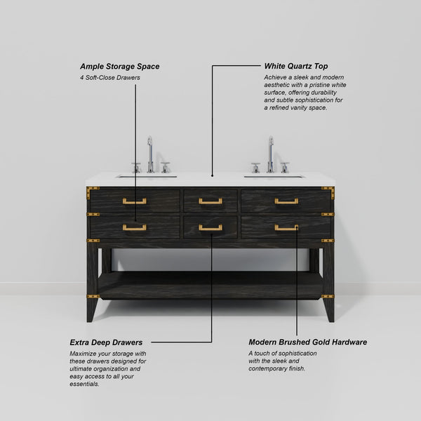 English Elm Black Oak Double Bath Vanity – Elegant 60" W X 22" D, Soft-Close Drawers, Fully Assembled Cabinet B2731P261031