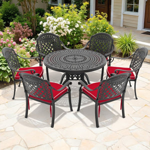 English Elm 7-piece Cast Aluminum Outdoor Dining Set with Carved Relief and Weather Resistant Frame W1710S00636