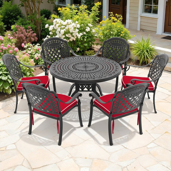 English Elm 7-piece Cast Aluminum Outdoor Dining Set with Carved Relief and Weather Resistant Frame W1710S00636