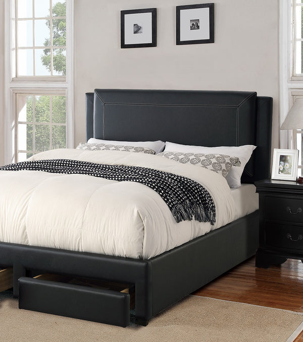 English Elm Black Luxurious Queen Bed with Hidden Storage Drawers Upholstered Faux Leather Modern Frame Black 64 L x 49 W x 5 H B011S02013