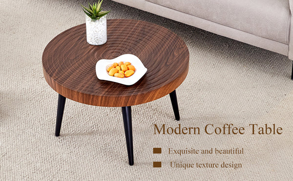 English Elm Modern Round Coffee Table with 23.6" Diameter, Thick MDF Top, Walnut Texture, Black Metal Legs, 350lb Capacity W2920P226079
