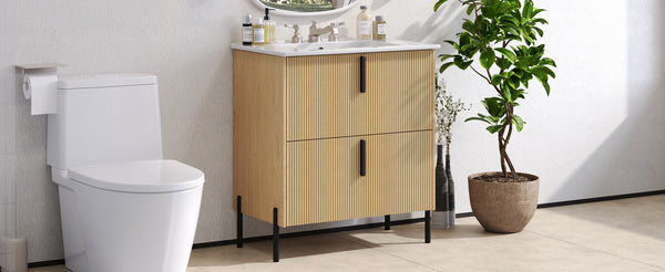 English Elm Christopher Knight Home® - 30" Bathroom Vanity With Ceramic Sink, Soft-Close Drawers & Elegant Fluted Design For Small Spaces N817P295761N