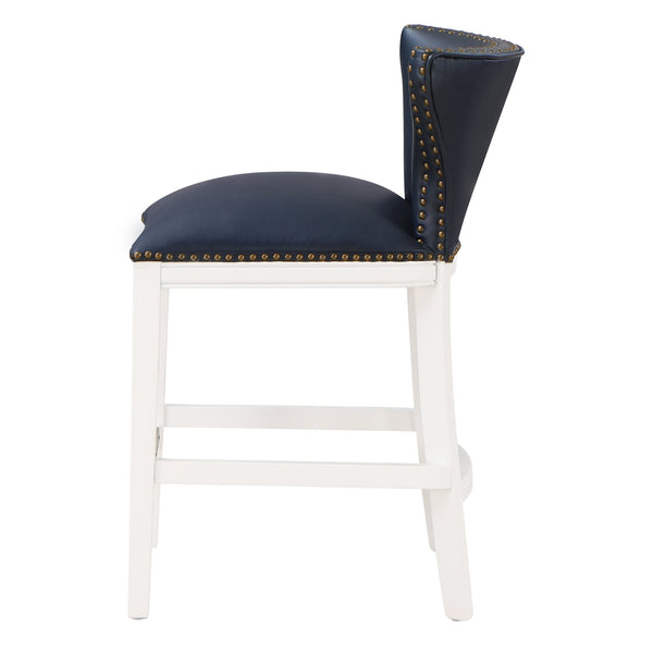 English Elm Macon Midnight Blue Faux Leather Counter Stool with Tufted Back, Antique Brass Nailhead Trim, White Wood Base B050P364431