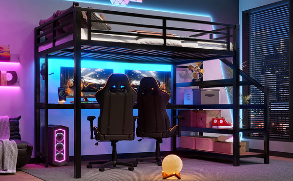 English Elm Full Loft Bed With Integrated Desk, Storage Stairs, Led Lights & Usb Ports For Modern Spaces W1580S00478