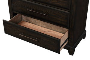 English Elm Queen Sleigh Bed Dark Mahogany Set with Dresser, Mirror, Chest & Nightstand — Solid Wood, Hardware B2699S00069